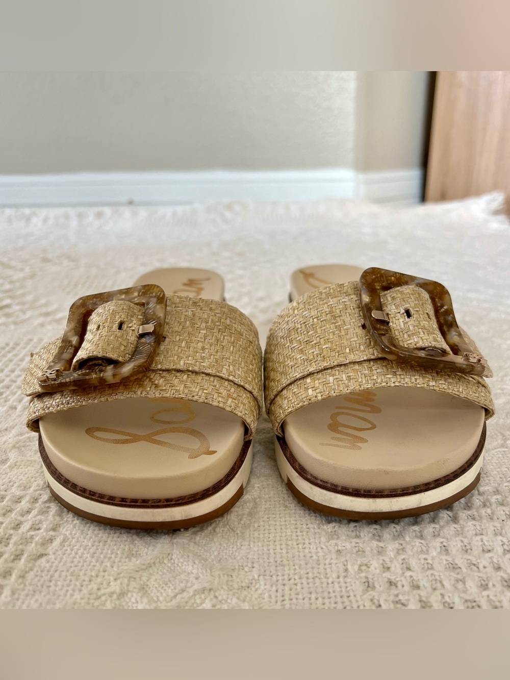 Sam Edelman Ariane Wedge Sandals Raffia Oversized Tortoise Shell Buckle Size 8 - Picture 9 of 15